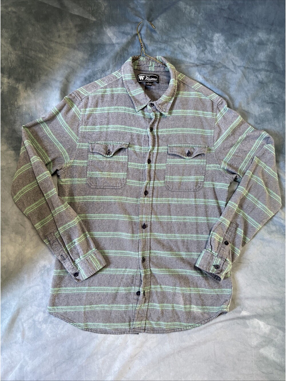Waimea Mens XL Shirt Striped Gray Green Button Down Long Sleeve Pockets